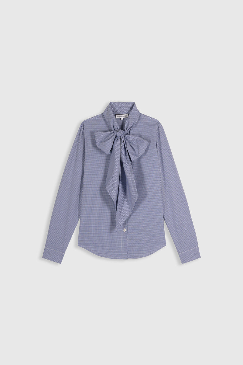 Fairy Shirt in navy vichy check with long sleeves and signature bow neck tie detail