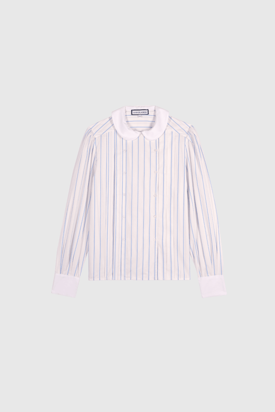 Belen Shirt with soft sky blue stripes and signature rounded collar, lightweight linen blend for effortless chic styling