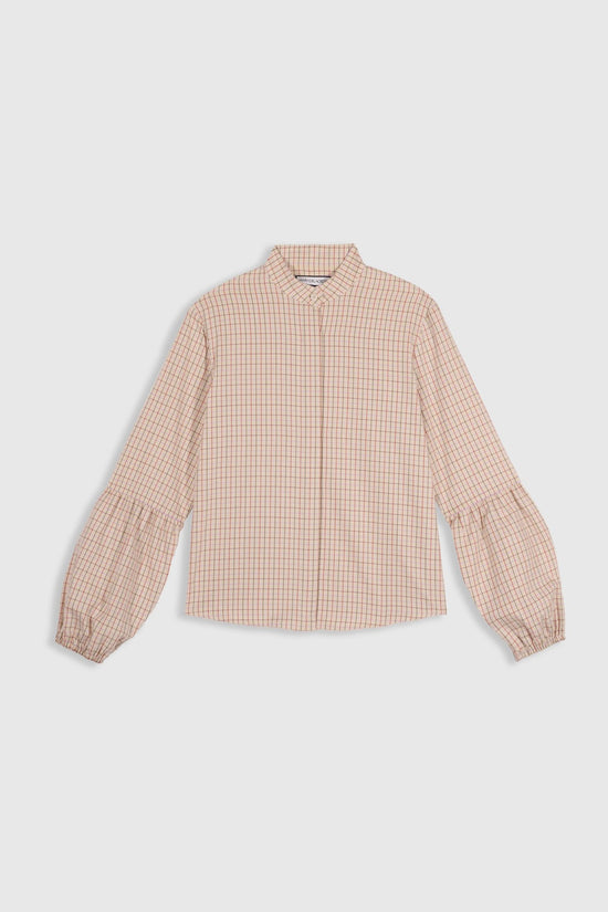 Bella Shirt in cream with coral check pattern, featuring gathered balloon sleeves and refined tailored silhouette
