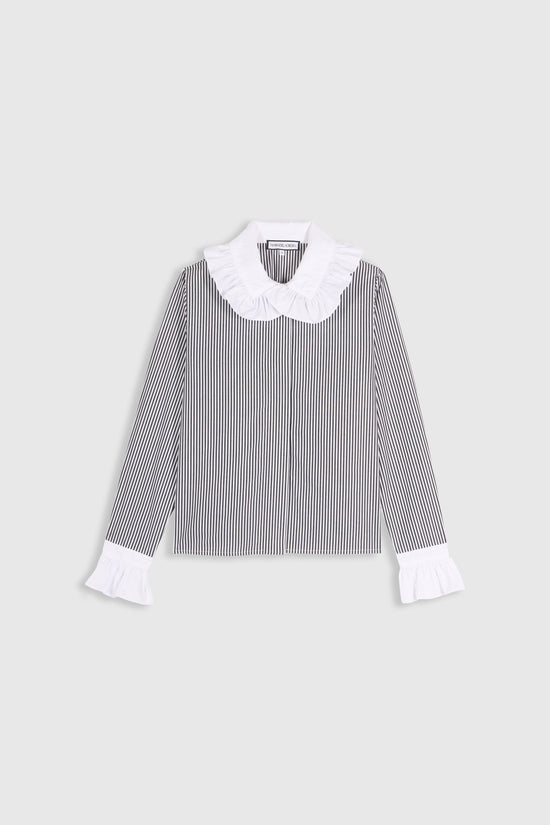Boissiere black striped shirt with ruffled white collar and cuffs, Spanish luxury contemporary design