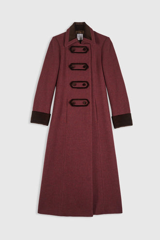 Cameron burgundy wool coat with contrasting brown velvet collar and cuffs, featuring four decorative toggle buttons in military style tailoring