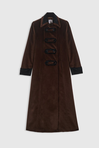 Cameron brown velvet coat with black contrasting collar, cuffs and toggle buttons, vintage military inspired long silhouette
