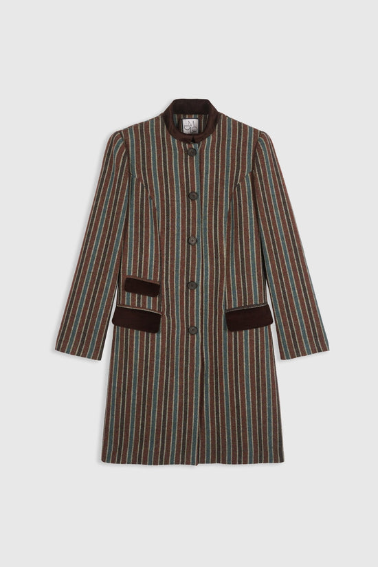 Cassius Coat in red and navy striped linen, tailored structured silhouette with high collar and pocket details