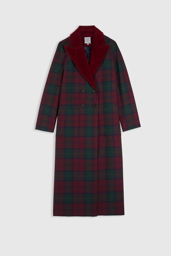 Cesar Coat burgundy and forest check wool blend with velvet lapels and double breasted tailoring