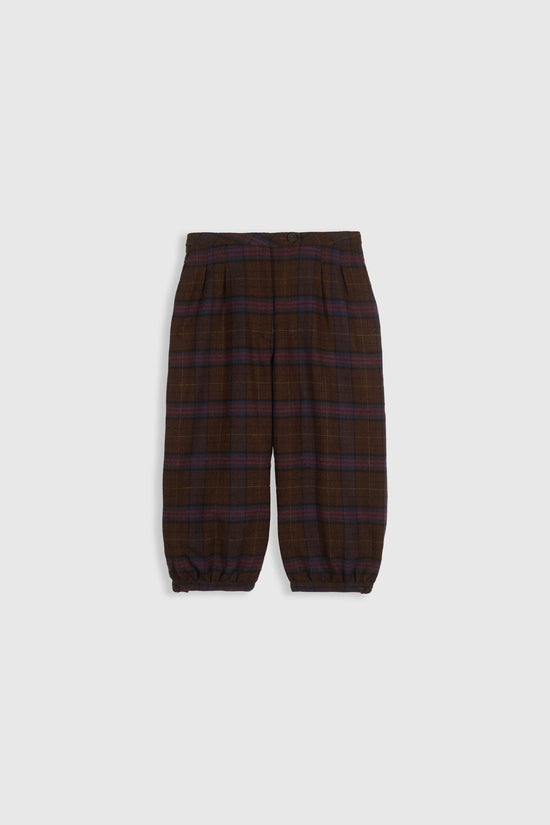 Charly Pants in chocolate checks, vintage-inspired cropped silhouette with navy and burgundy plaid pattern