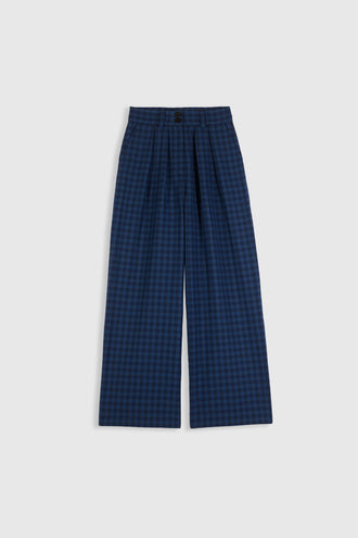 Chesnut navy check wide leg pants with pleated waist, modern tailored silhouette in blue plaid pattern
