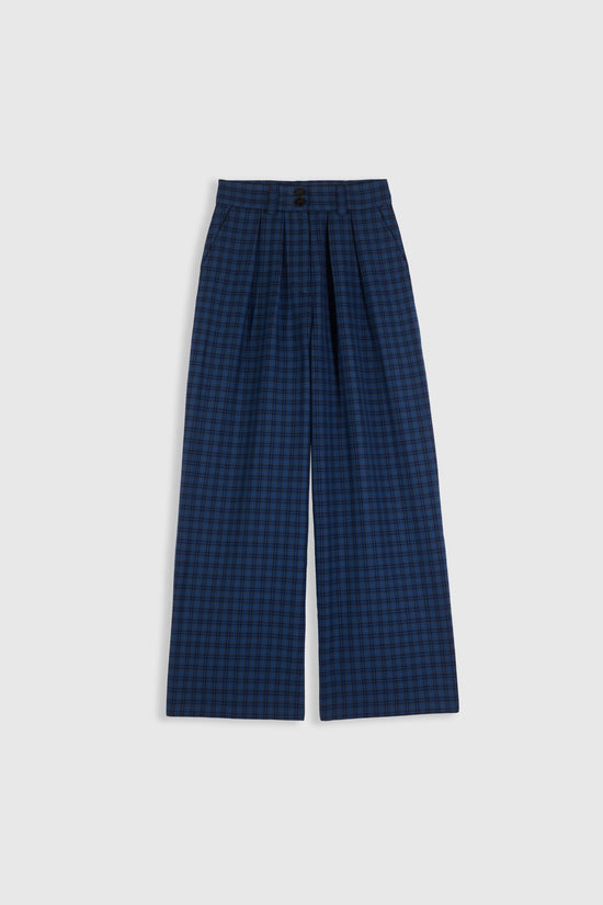 Chesnut navy check wide leg pants with pleated waist, modern tailored silhouette in blue plaid pattern