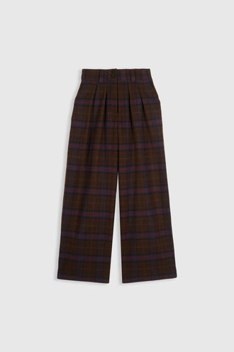 Chesnut chocolate check pleated pants offering modern silhouette in responsible Spanish design