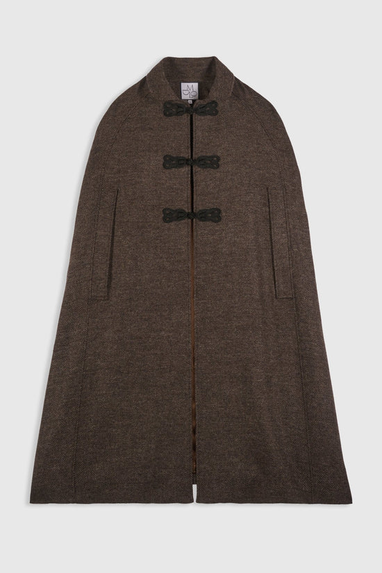 Brown wool Chloe Cape with ornamental toggle closures, draped silhouette by Maria de la Orden