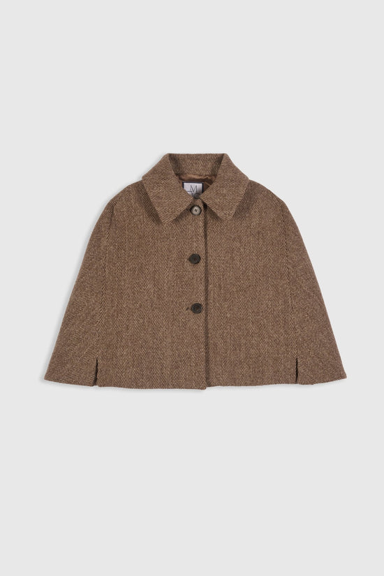 Colette Cape in brown chevron wool, featuring cropped silhouette, structured shoulders and Peter Pan collar
