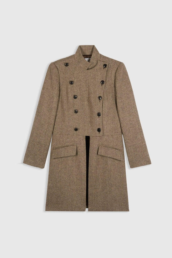 Cooper Coat in brown chevron wool, double-breasted military-inspired design with high stand collar and split hem