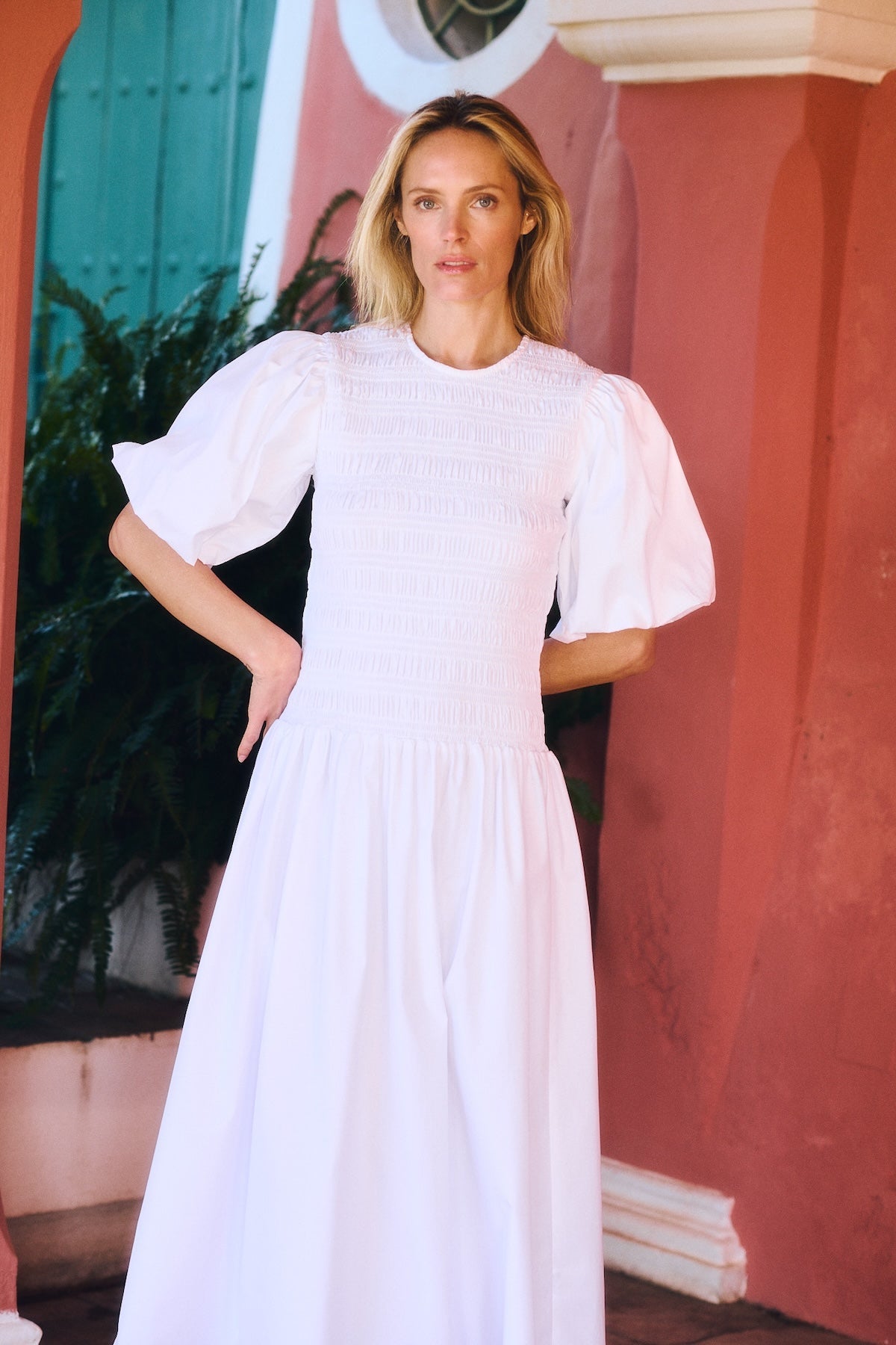 white puff sleeve formal dress Puff-Sleeve Off-White A-Line Midi Dress