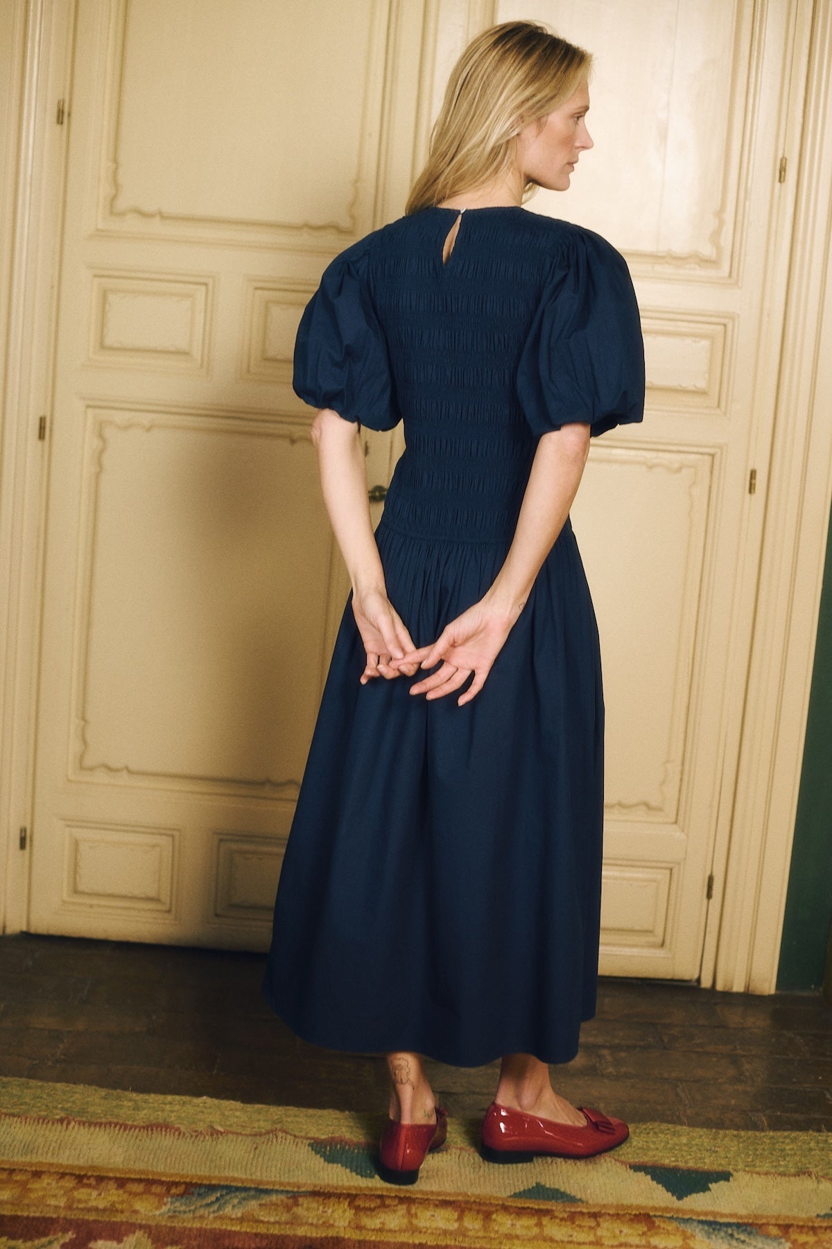 Navy Blue Linen Dress Women's Gauze Smocked Square Neck Midi Dress In  Indigo Blue, Size Medium,