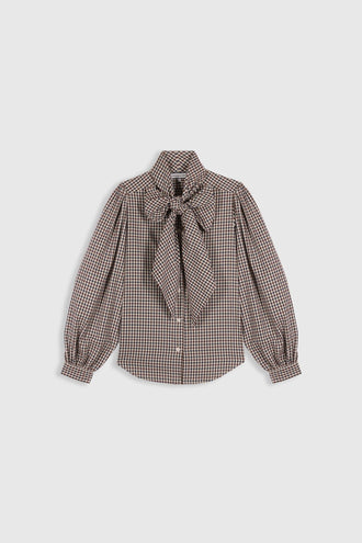 Fairytale Shirt in Vichy Cabernet featuring bow neckline detail and voluminous puff sleeves for effortless elegance