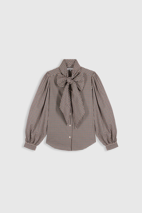 Fairytale Shirt in Vichy Cabernet featuring bow neckline detail and voluminous puff sleeves for effortless elegance