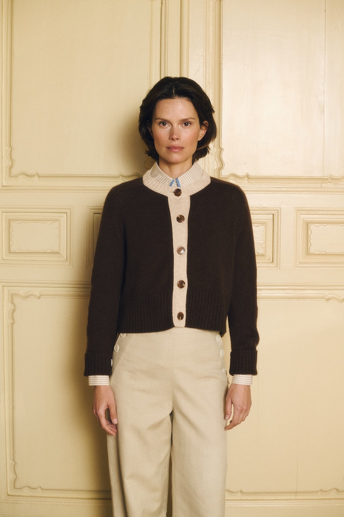 Leti Cashmere Cardigan in Sage and Miel | Maria de la Orden