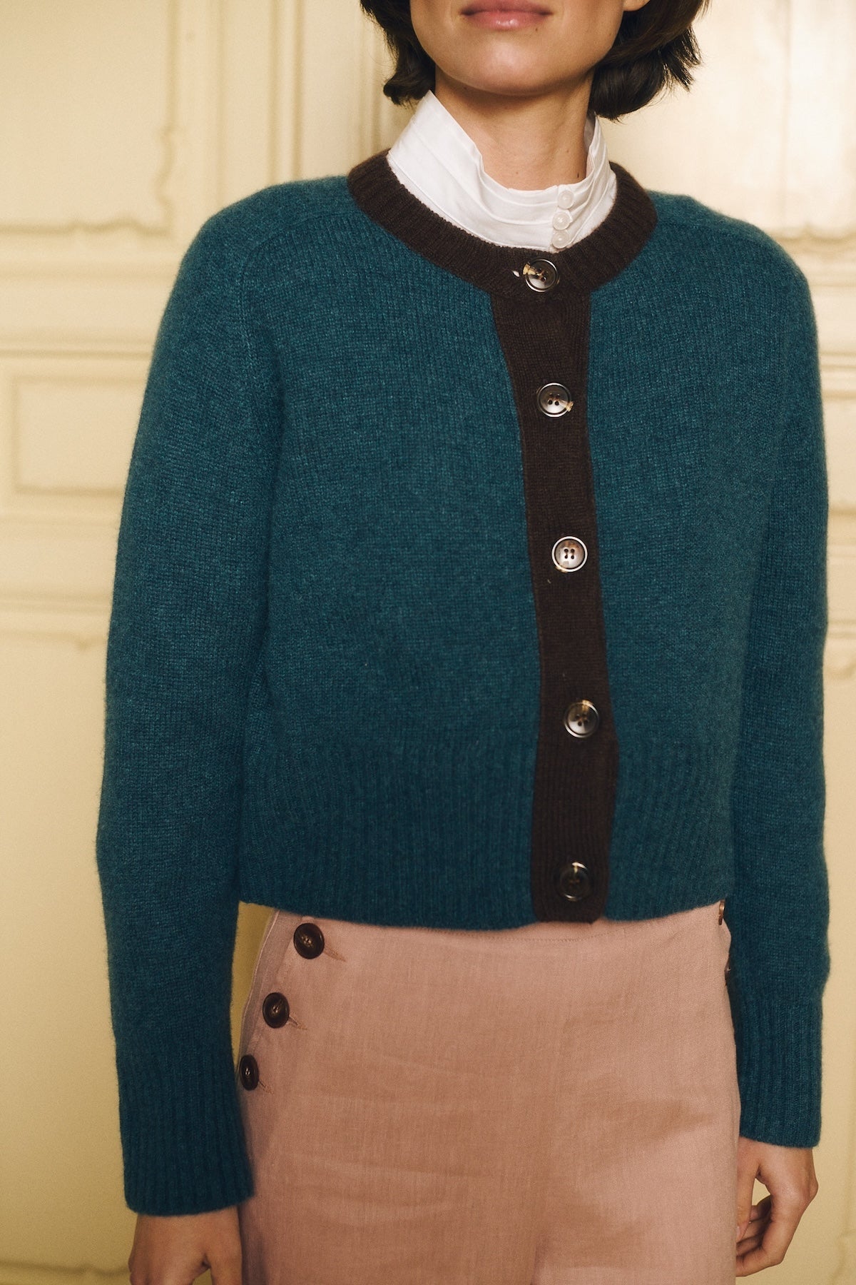 Leti Cashmere Cardigan in Sage and Miel | Maria de la Orden